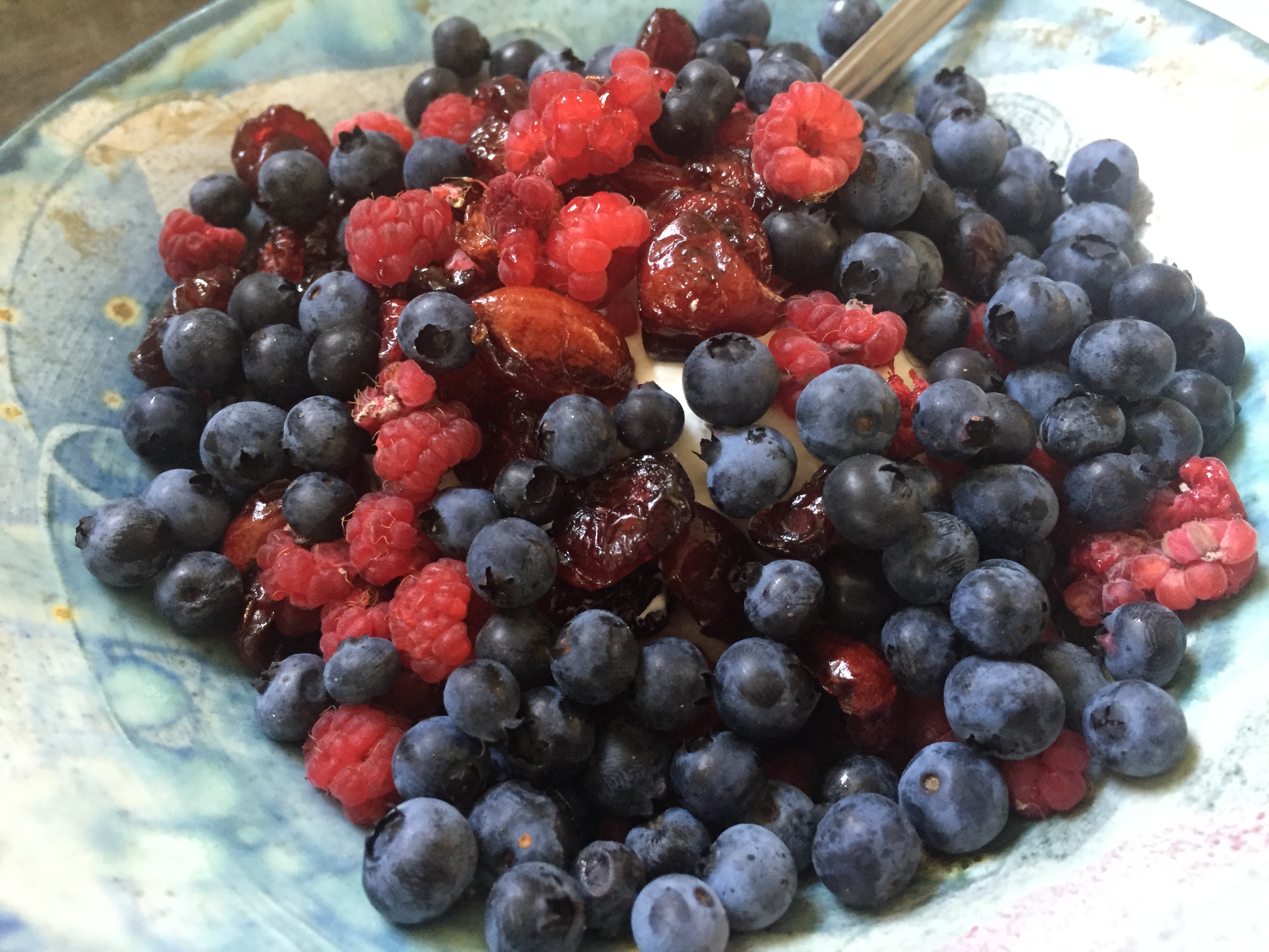 Fresh Raspberries, dried cranberries, fresh blueberries over Greek yogurt and mixed grain (whatever was in the cupboard) Oatmeal