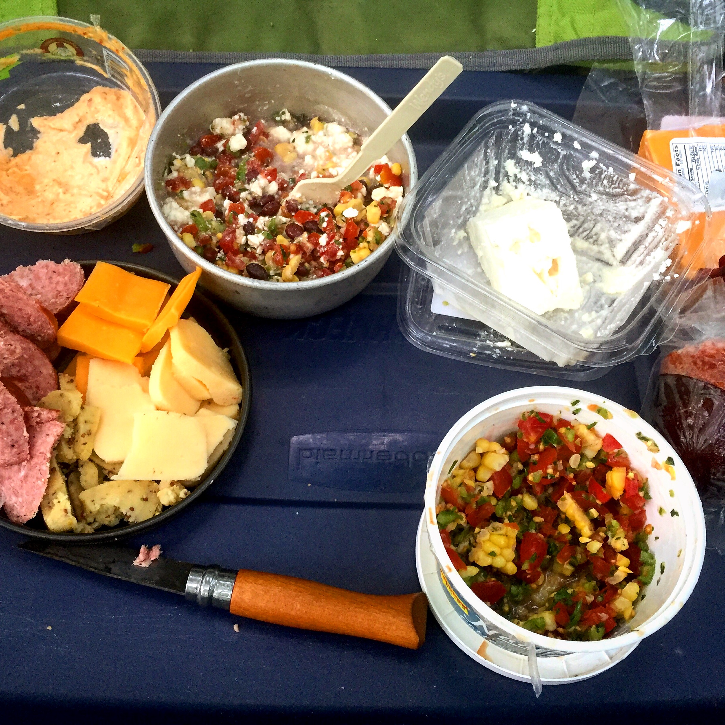 Climbing picnic--Energy Food! Scoop it all up together: black bean/corn salsa; sliced meats and cheeses; cayenne-garlic toum