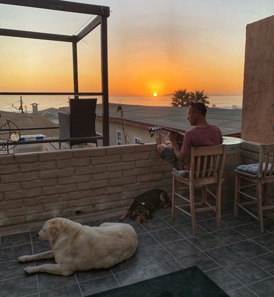 Sunset, Guitar, Man and his dog